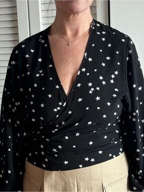 Black Star-Print Wrap Blouse - Women's Long-Sleeve Top